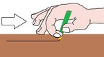 Der Mittelfinger liegt auf der Kante und fährt dran entlang, der Stift zeichnet parallel dazu...